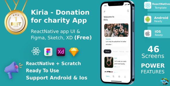 Donation for charity App ANDROID + IOS + FIGMA + XD | UI Kit | ReactNative | Kiria