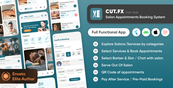 CutFX : Salon Booking Appointment : Massage, Spa, Barber Listing Multi-Vendor App with Admin Panel