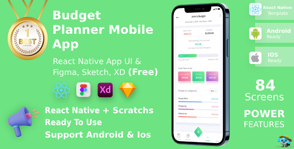 Budget Planner Mobile App | React Native | Figma + XD + Sketch FREE | Life Time Update