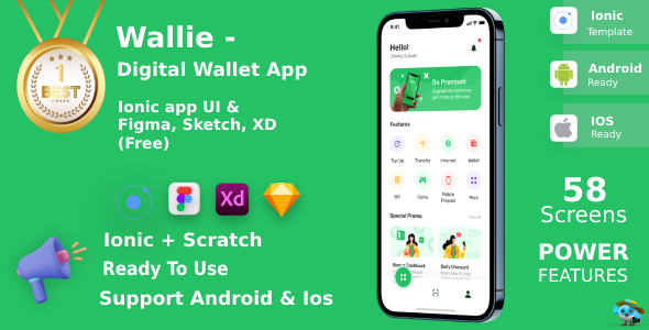 Digital Wallet App ANDROID + IOS + FIGMA + XD + Sketch + Invision Studio | UI Kit | Ionic | Wallie