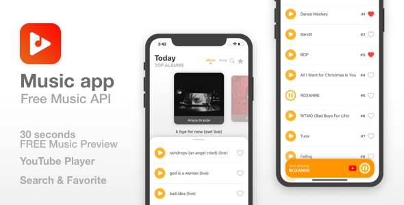 Music Streaming - iOS app with free API & YouTube Player - Top Albums, Songs, Search and Favorite