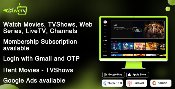 DTLiveTV - Flutter Android TV App - Movies – TV Series – Live TV - Channels - OTT - Admin Panel