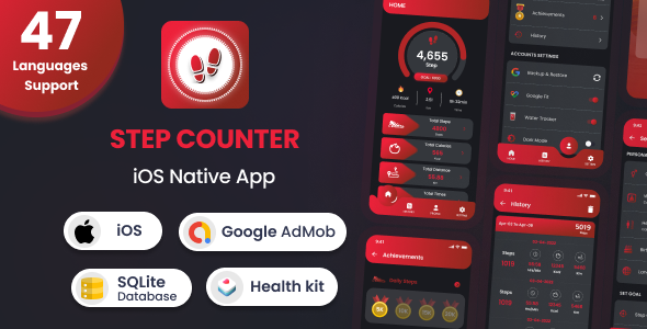 Step Counter - iOS Native Mobile App (47 Languages)