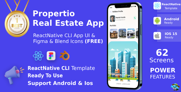 Real Estate App ANDROID + IOS + FIGMA + 3D Blend Icons |ReactNative CLI UI Kit | Propertio