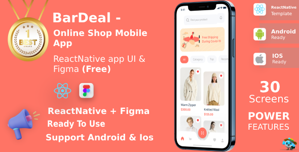 BarDeal ANDROID + IOS + FIGMA (Free) | UI Kit | ReactNative | Online Shopping Mobile App