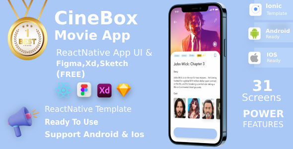 Online Movie Streaming & Booking ANDROID + IOS + FIGMA + Sketch | UI Kit | CineBox | ReactNative