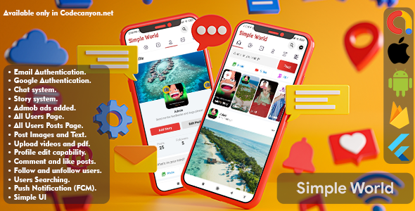 Simple World - Flutter Facebook Clone Full Application with Admin Panel