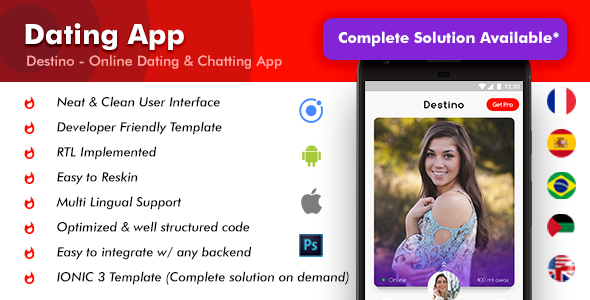 2 App Template | Online Dating App Template | Payments, Swipe, Chatting | Destino