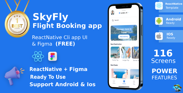 Online Flight & Hotel/Place Booking App | UI Kit | ReactNative | Figma FREE | SkyFly