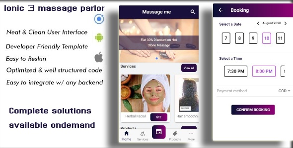 ionic 3 massage parlor (salon) appointment booking app template (Android, IOS ) Type a message