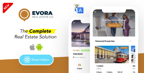 Evora - Real Estate Complete Solution React Native App - CMS + RTL + Multi languages