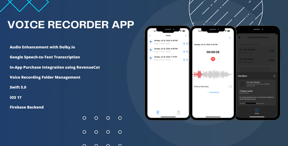 Voice Recorder with Audio Enhancement, Transcription, In-App Purchase, and Folder Management