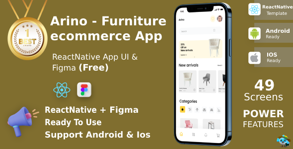 Arino ANDROID + IOS + FIGMA | UI Kit | ReactNative | Furniture Ecommerce App | Free Figma File