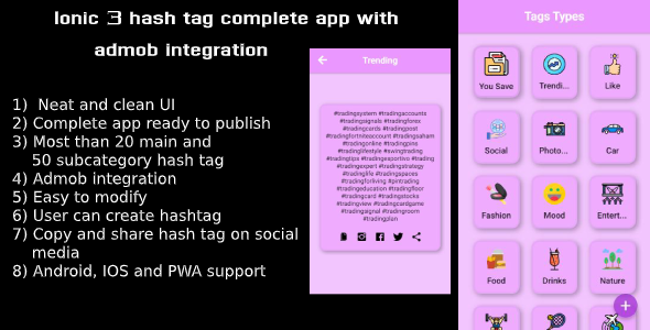 Ionic 3 hash tag complete app with ad mob integration(Android - IOS)