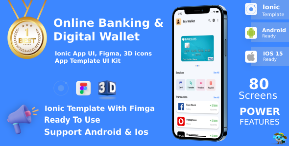 Online Banking & Digital Wallet ANDROID + IOS + FIGMA | UI Kit | Werolla | Life time Update | Ionic