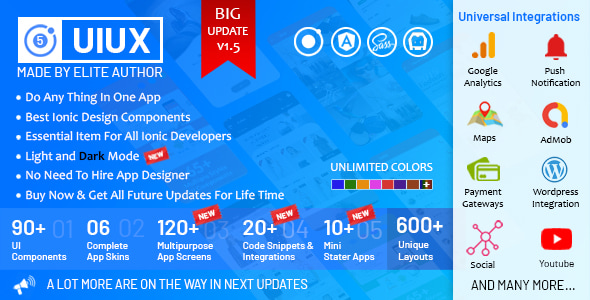 UIUX 5 in 1 - Ionic 5 / Angular 8 Design Components, Screens, Code Snippets, App Skins & Mini Apps