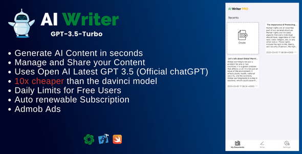 AI Writer for IOS - AI Content Writer based on ChatGPT GPT 3.5 and OpenAI | IOS Swift Full Applicati