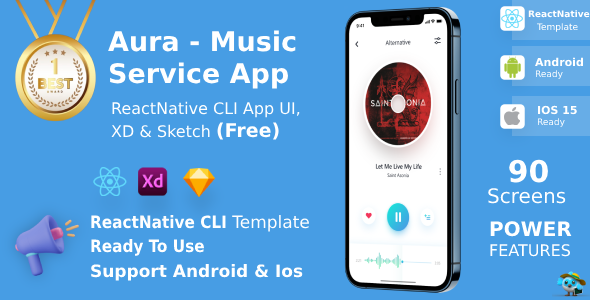 Music Service App | UI Kit | ReactNative CLI | XD, Sketch FREE | Life Time Update | Aura