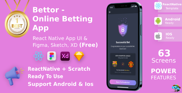 Bettor - Sports, E-sports to Casinos Game | React Native | Figma + Sketch + XD FREE