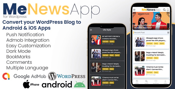 MeNewsApp - Full Application Android & iOS App for Wordpress Website