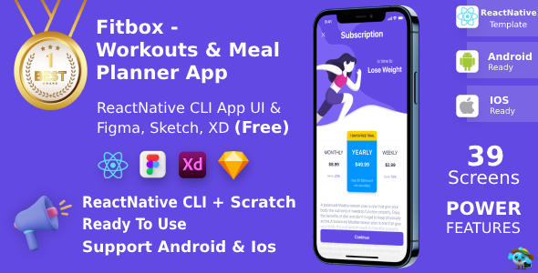 Workouts & Meal Planner App | ReactNative CLI | Figma + XD + Sketch FREE | Life Time Update | Fitbox