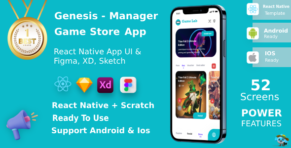 Game Store App ANDROID + IOS + FIGMA + XD + Sketch | UI Kit | React Native | Genesis