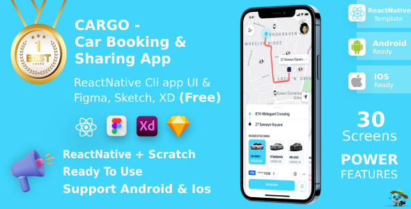 Car Booking & Sharing App ANDROID + IOS + FIGMA + XD + Sketch | UI Kit | ReactNative | Cargo