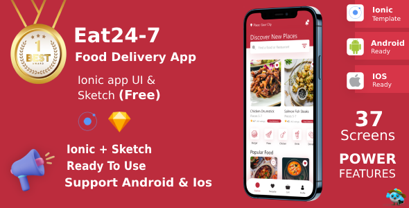 Eat 24/7 ANDROID + IOS | UI Kit | Ionic | Food Delivery App | Free Sketch File