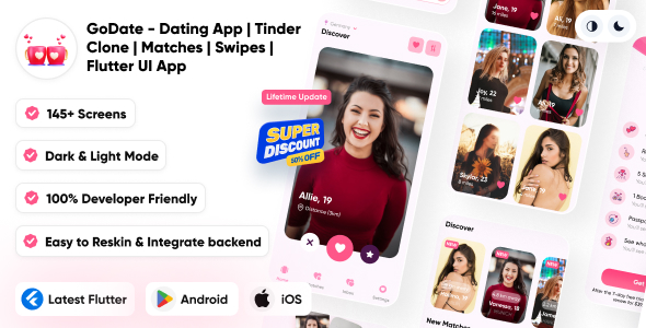 GoDate - Dating App | Badoo | Bumble | Happn | Social | Matches | Swipes | Tinder Clone Flutter UI