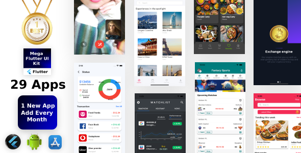 Mega Flutter Kit 29 Apps in 1 Template | Flutter | Figma | Get Every month 1 App | Life Time Update
