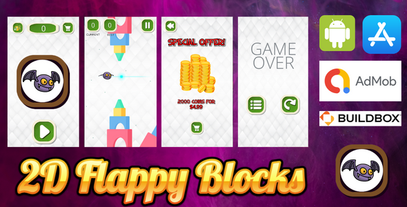 2D Flappy Blocks - Xcode Game - Admob Ads - In app purchases (Buildbox Project)