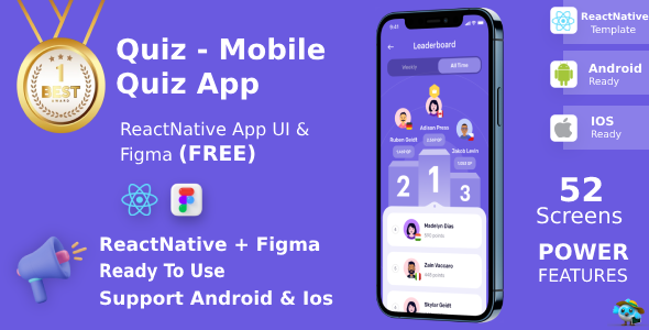 Quiz | ANDROID + IOS + FIGMA (FREE) | UI Kit | React Native | Online Quiz Game