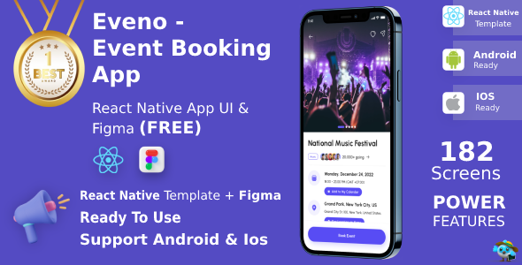 All Event Booking App | UI Kit | React Native | Figma FREE | Life Time Update | Eveno