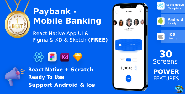 Mobile Banking App | UI Kit | ReactNative | Figma + Sketch + XD FREE | PayBank