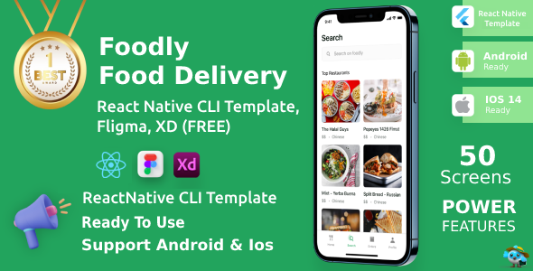 Foodly App ANDROID + IOS + FIGMA + XD | UI Kit | Reactnative CLI | Food Delivery & Order Premium App