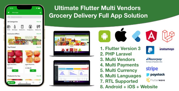 grocery / delivery services / ecommerce multi vendors(android + iOS + website) flutter 3 / laravel