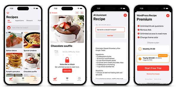 AI Recipe iOS WordPress App - AI Assistant - SwiftUI iOS Full Application