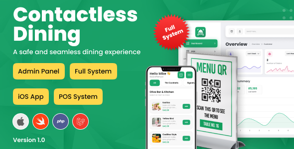 Contactless Dining - QR Table Ordering System with Admin Panel and iOS User App Full System