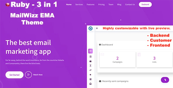 Ruby - 3 in 1 Mailwizz Modern Customizable Theme with Landing Page