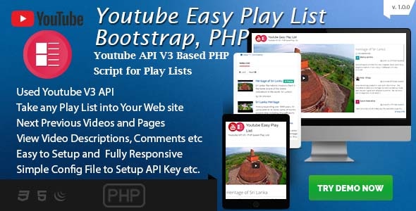 Youtube Easy Play List - Bootstrap based PHP Script